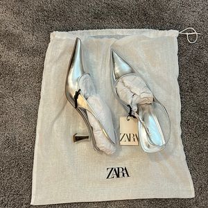 Zara kitten heel slingbacks. Metallic silver. Size 8. Brand new (never worn).